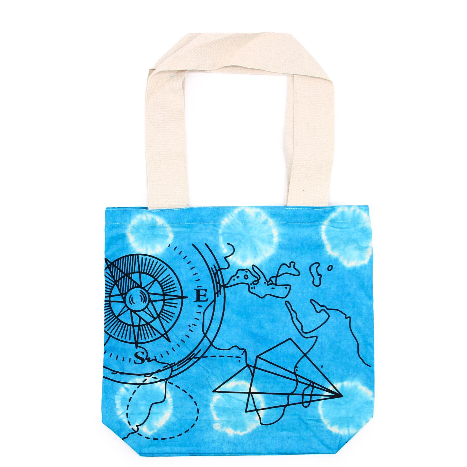 Tye-Dye Cotton Bag (6oz) - 38x42x12cm - Compass - Blue - Natural Handle Tye-Dye Cotton Bag (6oz) - 38x42x12cm - Compass - Blue - Natural Handle