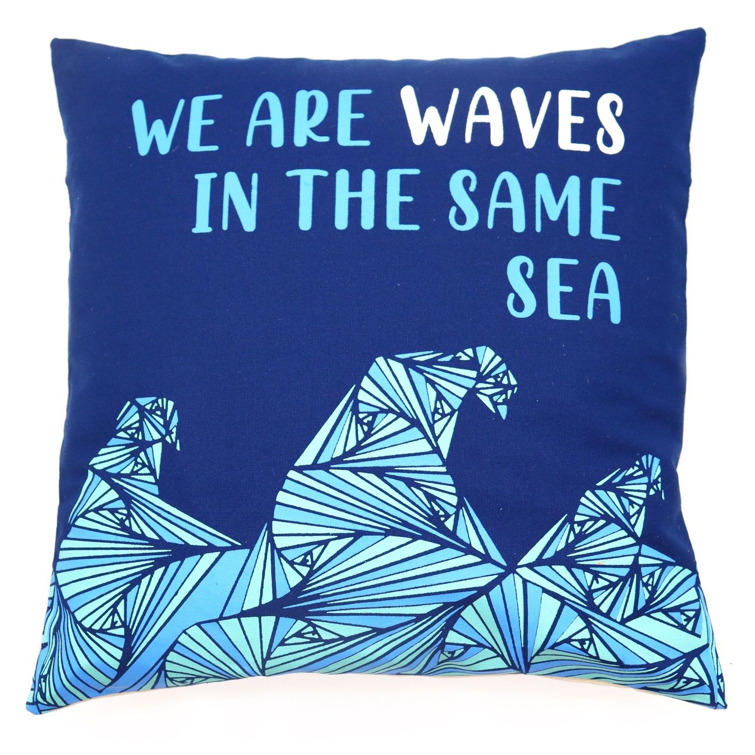 Printed Cotton Cushion Cover - We are Waves - Grey, Blue and Natural Printed Cotton Cushion Cover - We are Waves - Grey, Blue and Natural