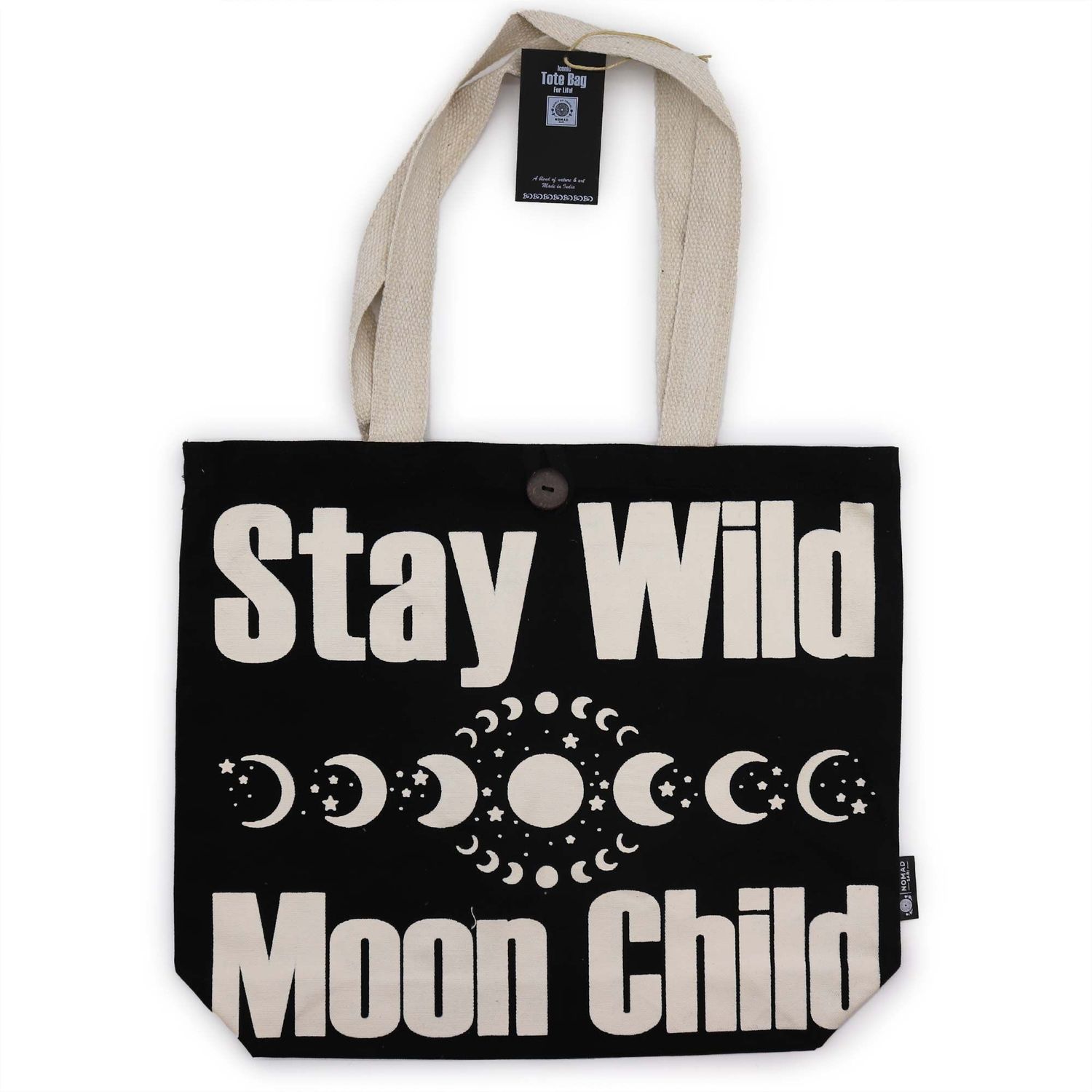 Iconic Classic Tote Bag - Stay Wild, Mood Child - Black Natural 10oz Iconic Classic Tote Bag - Stay Wild, Mood Child - Black Natural 10oz