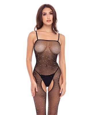 Rene Rofe Sparkle Crotchless Net Bodysuit One Size - Black