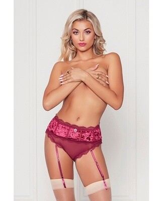 Holiday Velvet & Mesh High Waisted Panty w/Back Bow & Removable Garters Wine
