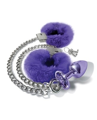 Nixie Metal Butt Plug Jewel & Fur Cuff Set - Purple