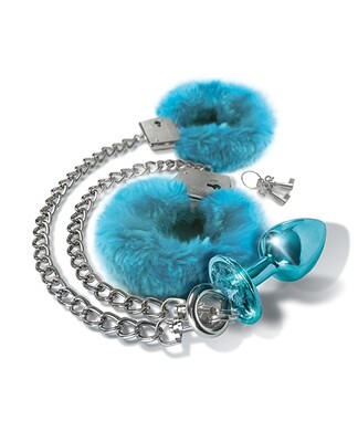 Nixie Metal Butt Plug Jewel & Fur Cuff Set - Blue