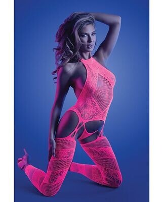 Fantasy Glow Captivating Halter Bodystocking &amp; G-String - Neon Pink