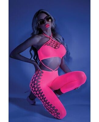 Fantasy Glow Own the Night Halter Bodystocking - Neon Pink