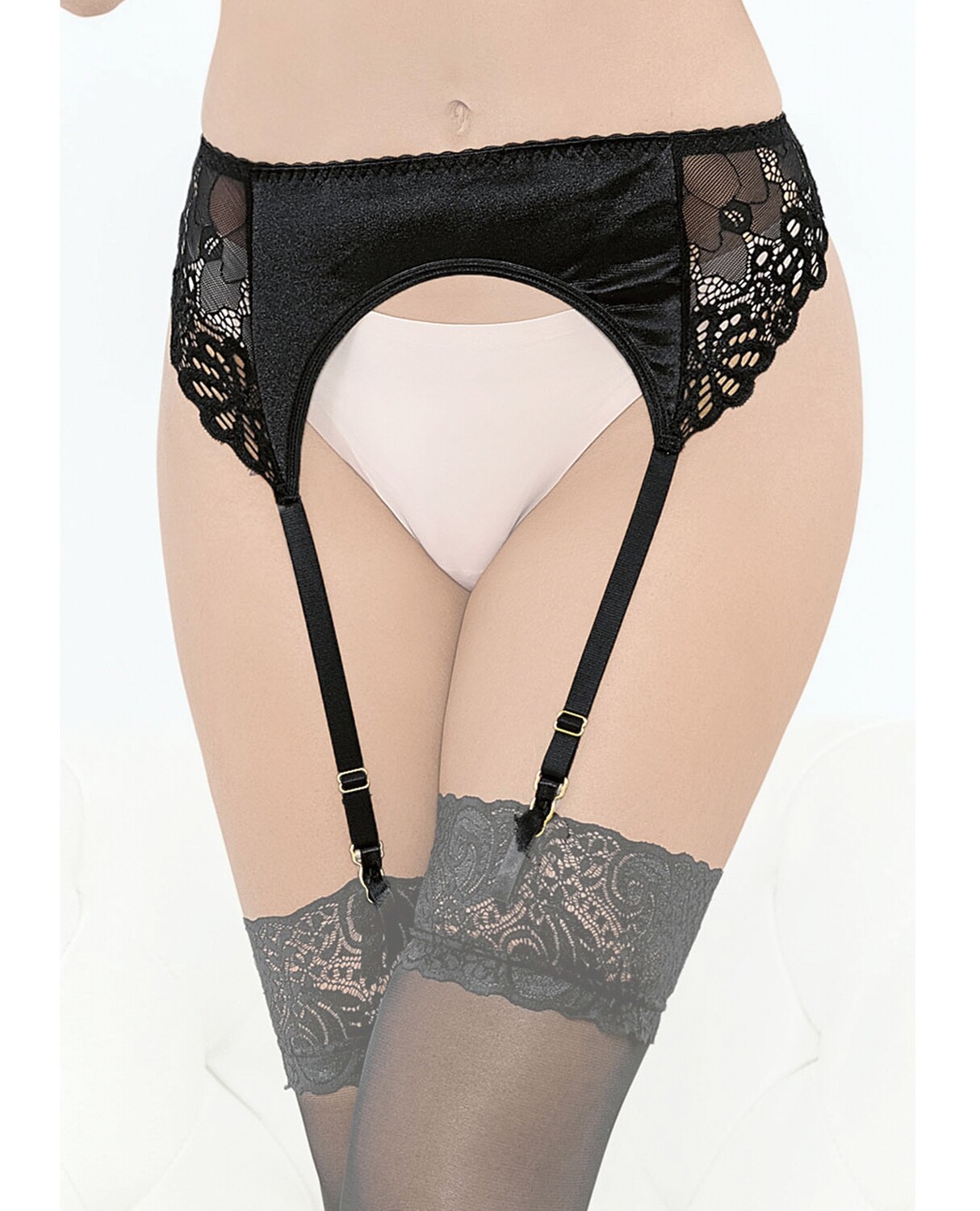Escante Satin &amp; Lace Garterbelt - Black