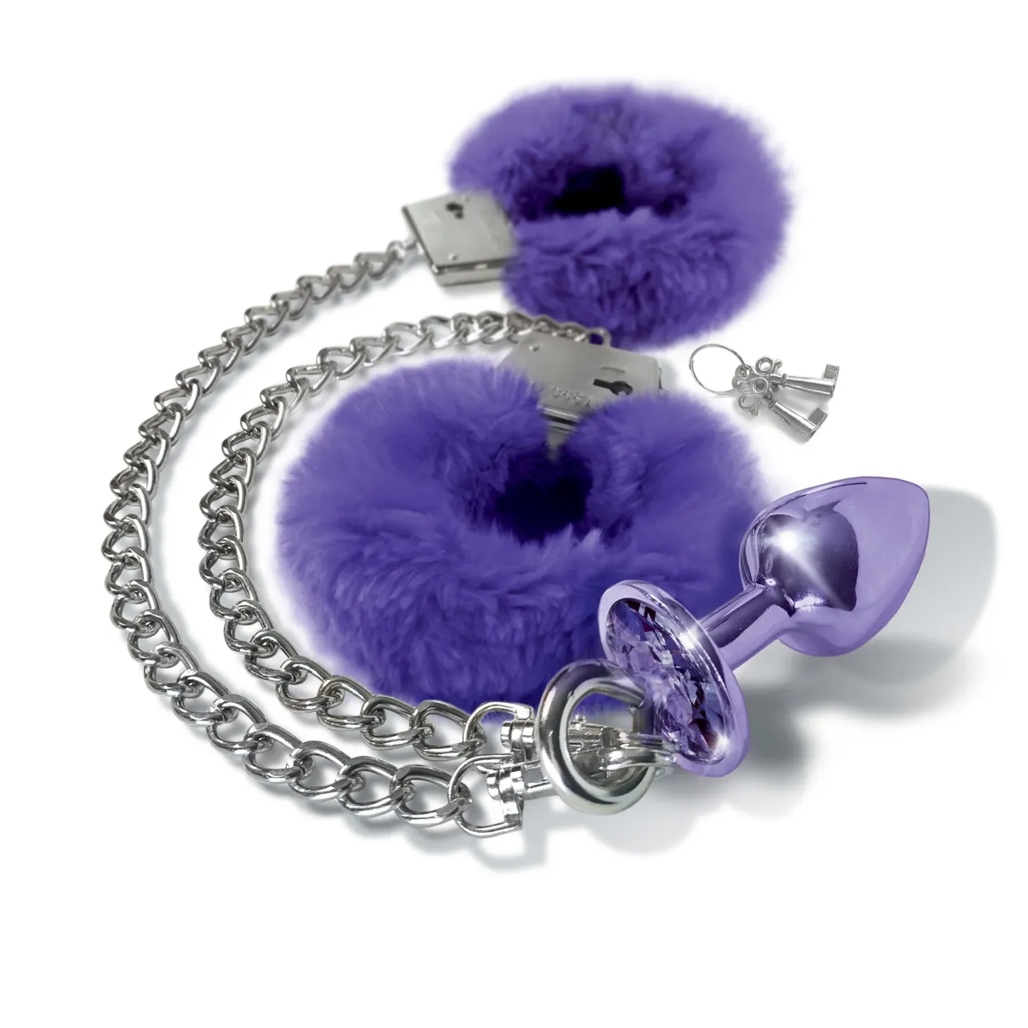 Nixie Metal Butt Plug Jewel &amp; Fur Cuff Set - Purple