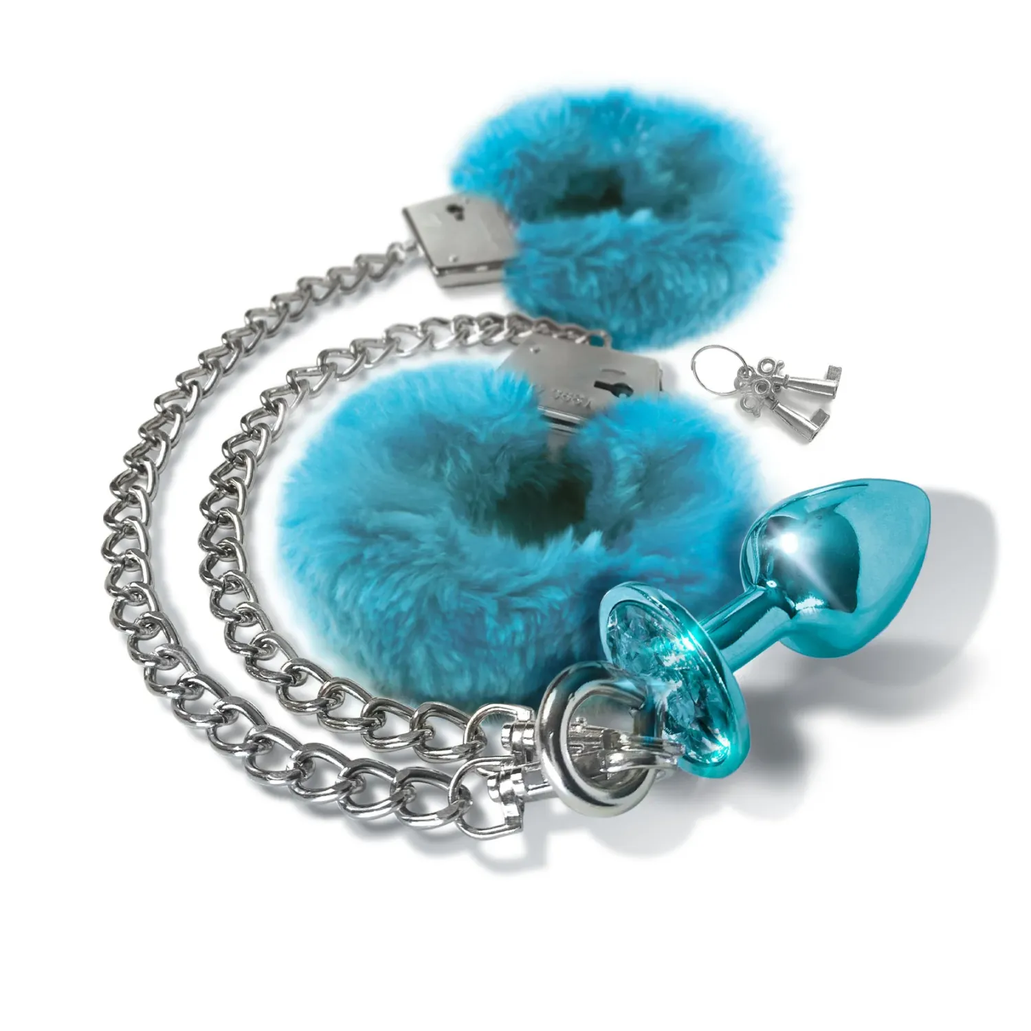 Nixie Metal Butt Plug Jewel &amp; Fur Cuff Set - Blue