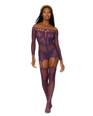 Dreamgirl Scalloped Lace and Fishnet Garter Dress  - Purple
