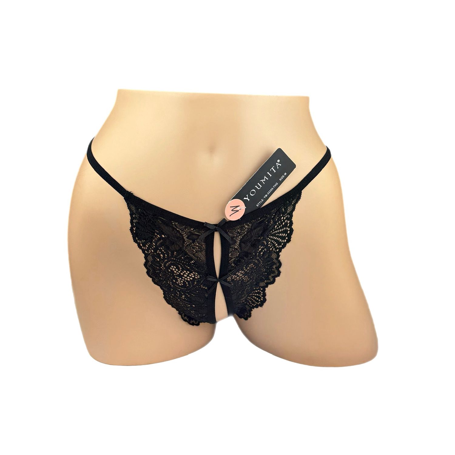 Youmita Crotchless Lace G String - Black
