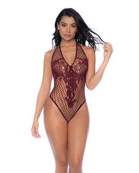 Floral Convertible Top Fishnet Bodysuit - Burgundy
