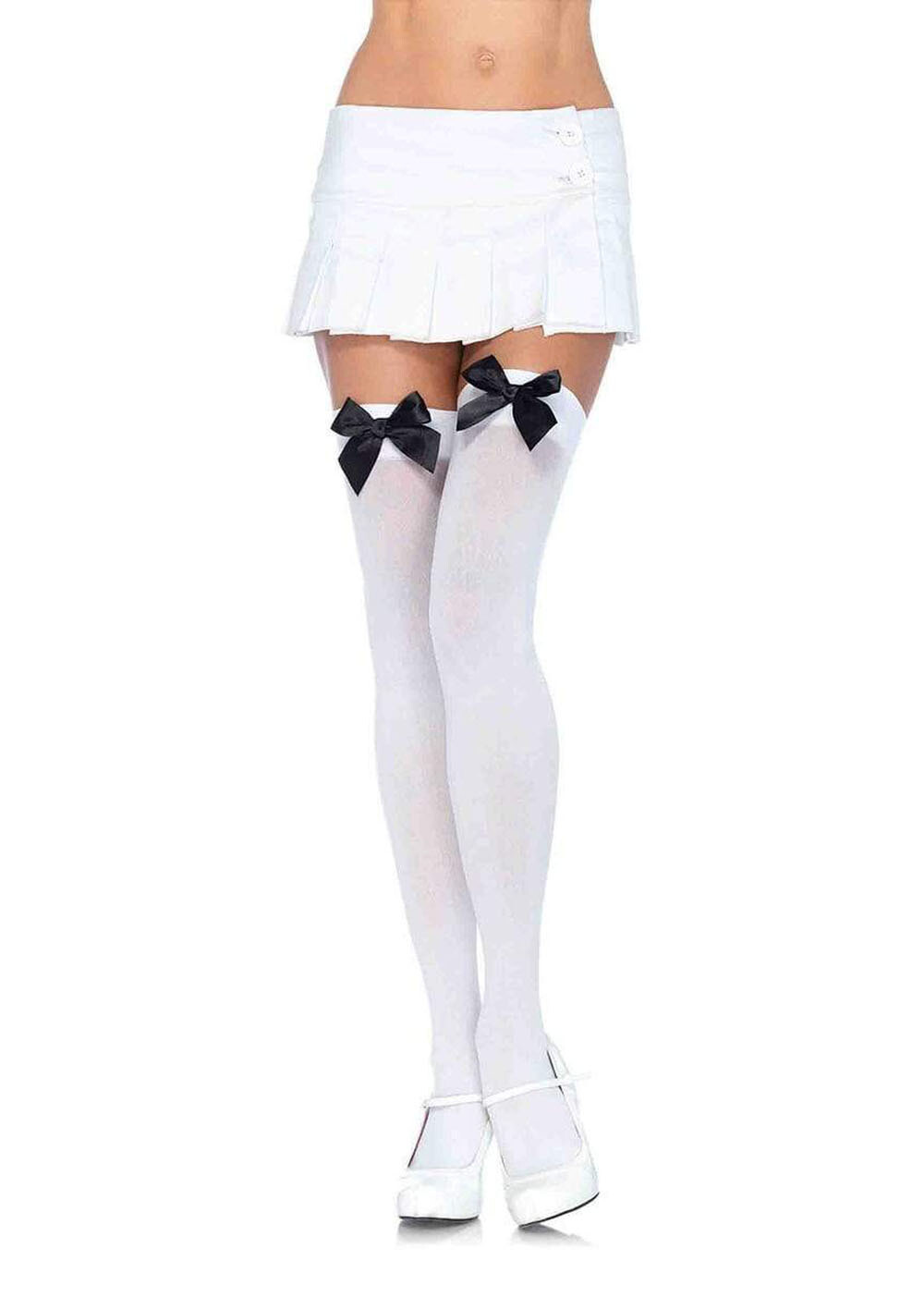 Leg Avenue White Thigh High w/Black Bows - One Size