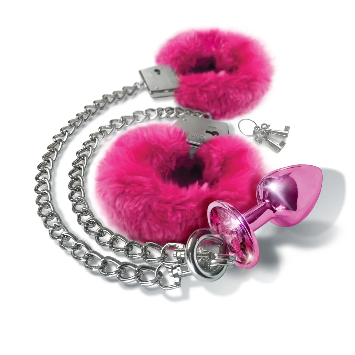 Nixie Metal Butt Plug Jewel &amp; Fur Cuff Set - Pink