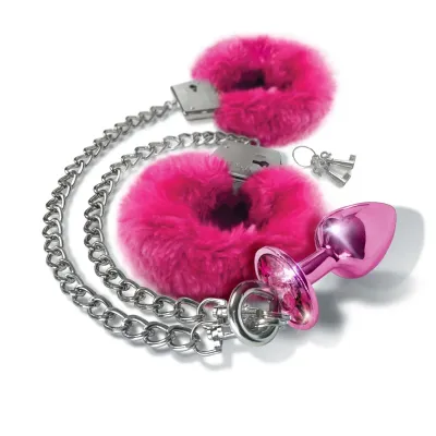 Nixie Metal Butt Plug Jewel &amp; Fur Cuff Set - Pink