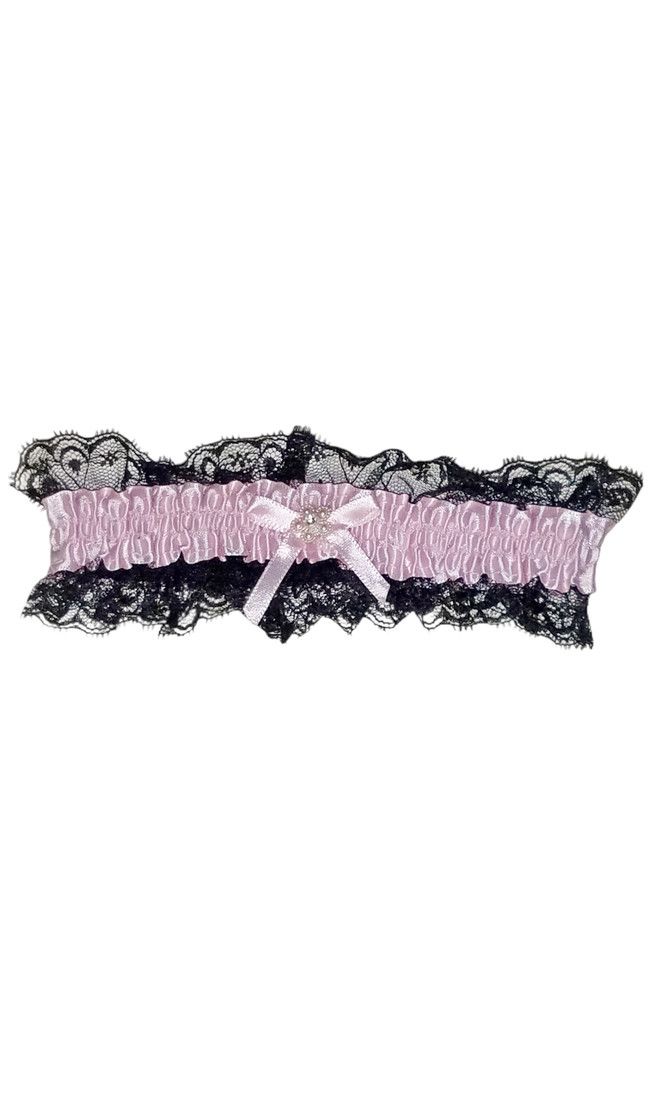 Satin Leg Garter - Baby Pink With Black Lace