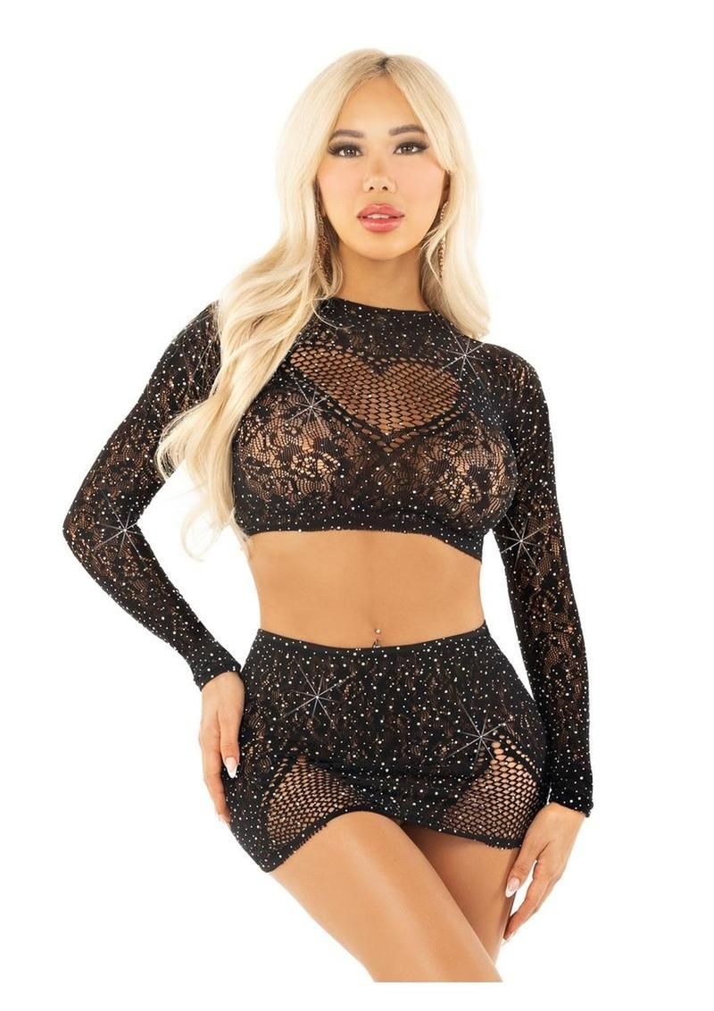 Leg Avenue Rhinestone Lace and Net Crop Top and Mini Skirt Set - OS - Black