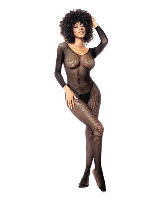 Long Sleeved All Over Fishnet Body Stocking Black
