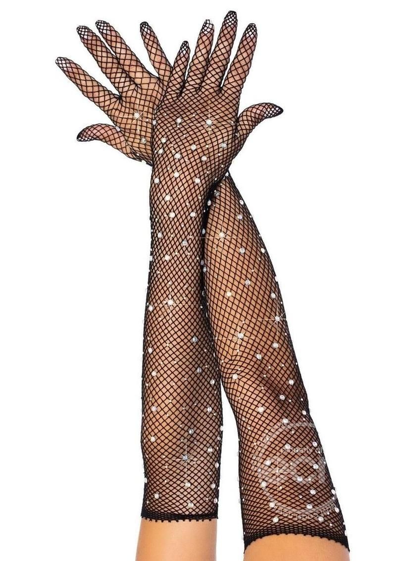 Leg Avenue Rhinestone Fishnet Opera Length Gloves - OS - Black