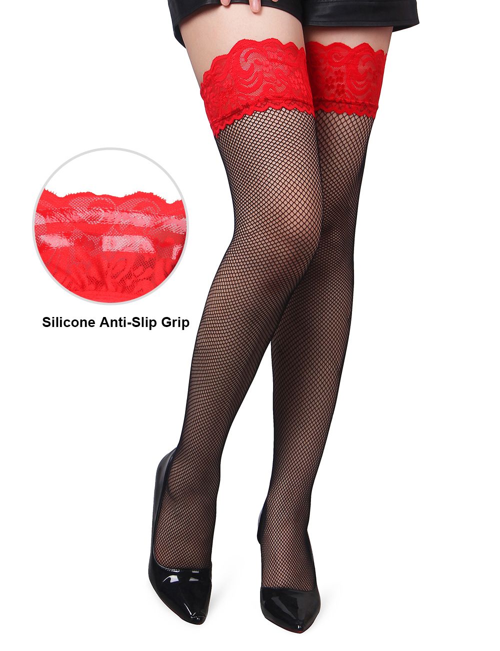 OhYeah Black Fishnet Thigh Highs Red Lace Top