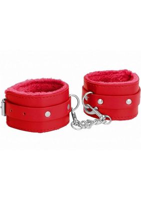 Ouch! Plush Fur-Lined Leather Wrist Cuff - Red
