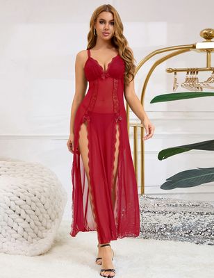 OhYeah Mesh Front Slit Nightgown - Red