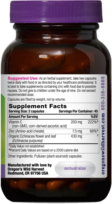 OREGON'S WILD HARVEST Echinacea w/Zinc &amp; Vit. C 90 Caps.