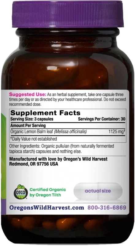 OREGON'S WILD HARVEST Lemon Balm 90 Caps.