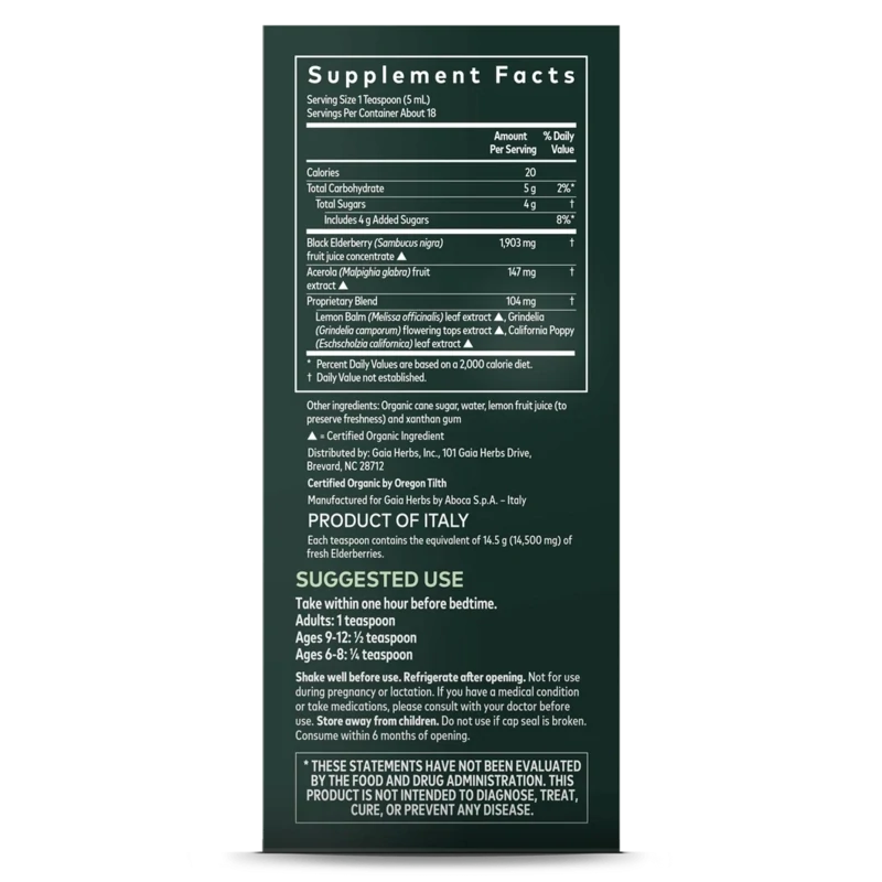 GAIA Black Elderberry Nighttime Syrup 3 Fl. Oz.