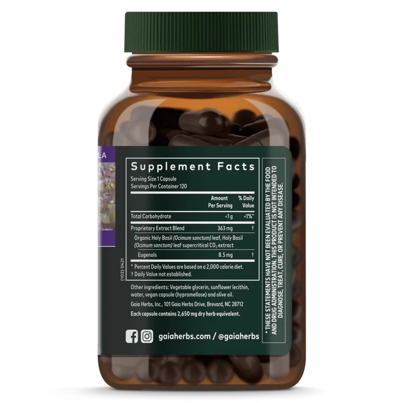 GAIA Holy Basil Leaf 120 Vegan Liq. Caps.