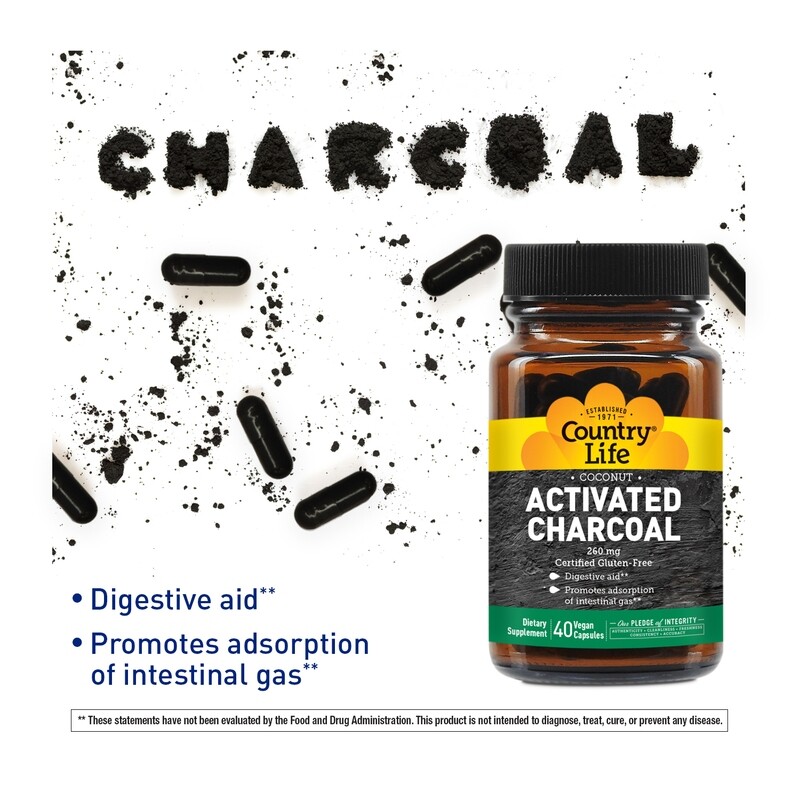 COUNTRY LIFE Activated Charcoal 260 mg. 40 Vegan Caps.