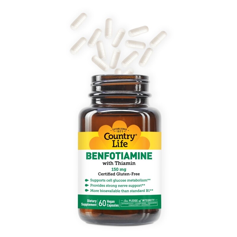 COUNTRY LIFE Benfotiamine w/Thiamine 150 mg. 60 Vegan Caps.