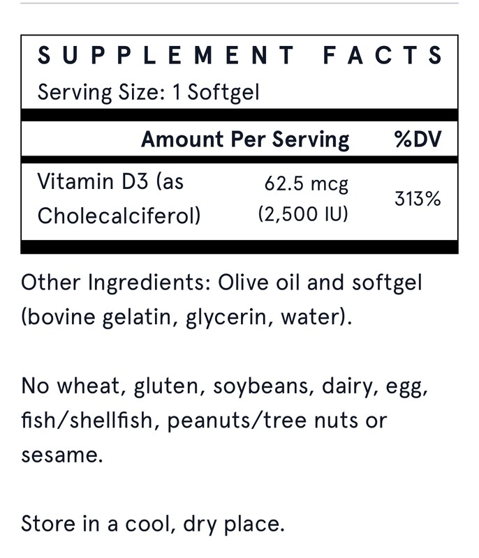 JARROW Vit. D3--2500 I.U.=62.5 mcg. 100 S.G.