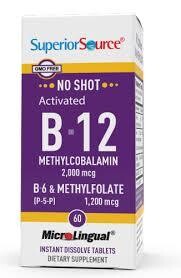 SUPERIOR SOURCE Activated B-12 2000 mcg, B6, &amp; Methylfolate 60 MicroLingual Tabs.