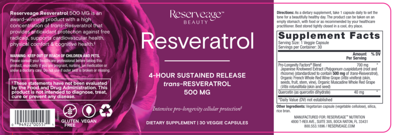 Reserveage Resveratrol  500 Mg  30 Veg Cap