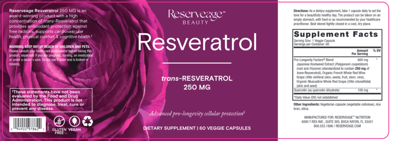 Reserveage Nutrition Resveratrol 250 mg 60 veggie caps