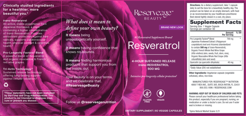 RESERVEAGE Nutrition Resveratrol 500 mg. 60 Veg. Caps.