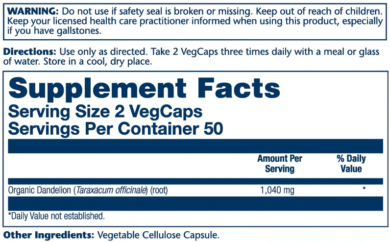 SOLARAY Org. Dandelion Root 520 mg. 100 Veg. Caps.