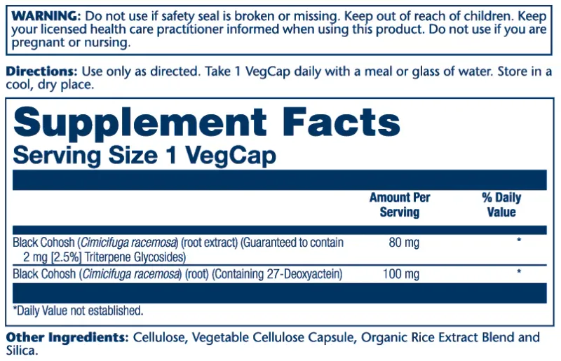 Solaray Black Cohosh one daily 30 Vegetarian Caps.