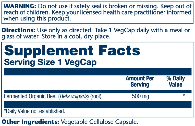 SOLARAY Organic Fermented Beet Root 500 mg. 100 Veg. Caps.