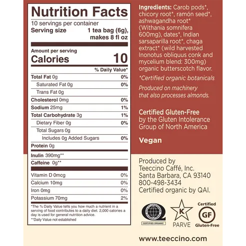 TEECCINO Chaga Ashwagandha Butterscotch Cream 10 Tea Bags