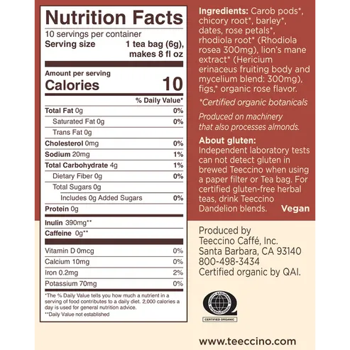 TEECCINO Lion's Mane Rhodiola Rose 10 Tea Bags