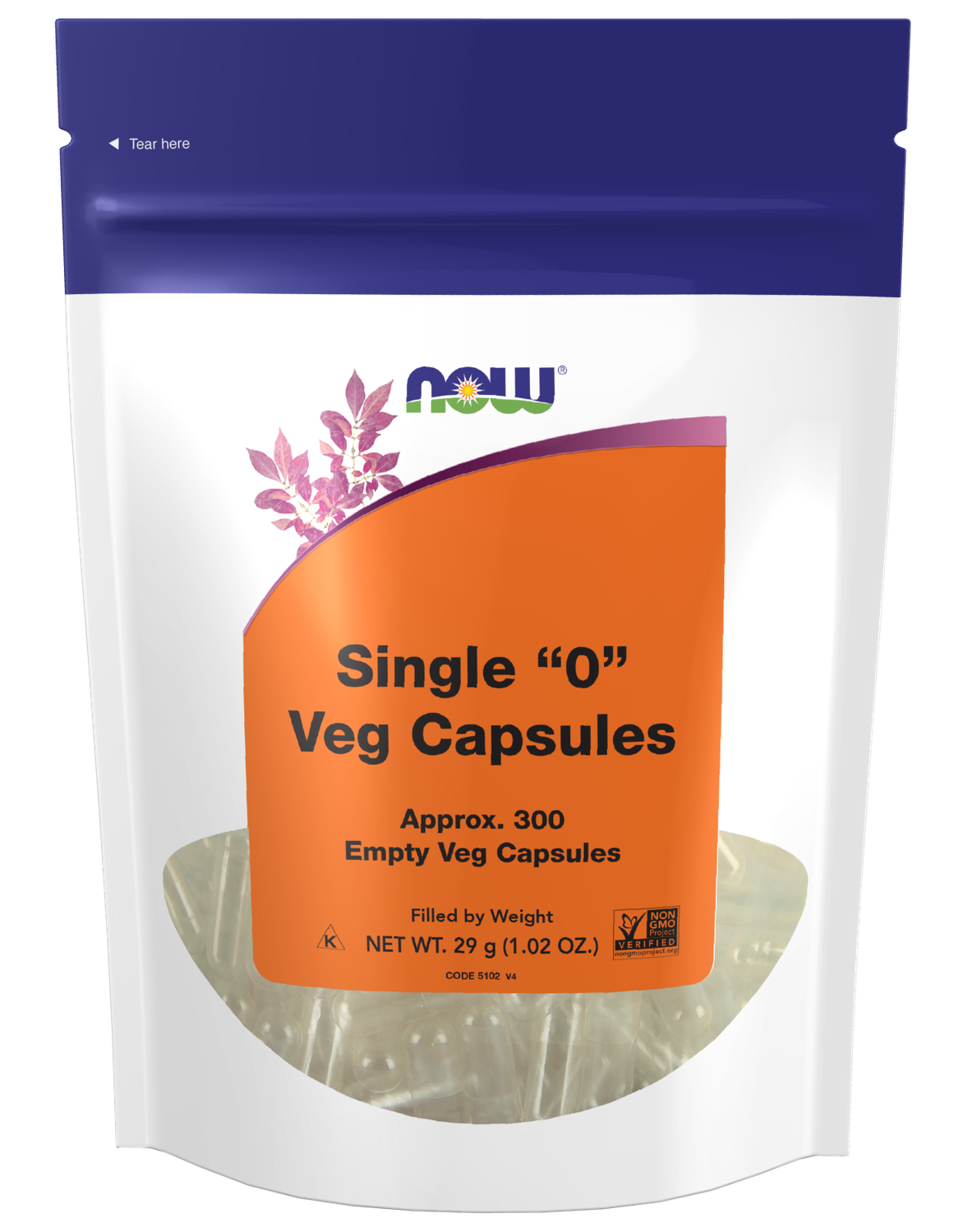 NOW Single &quot;0&quot; Veg. Capsules Approx. 300 Empty Veg. Caps.