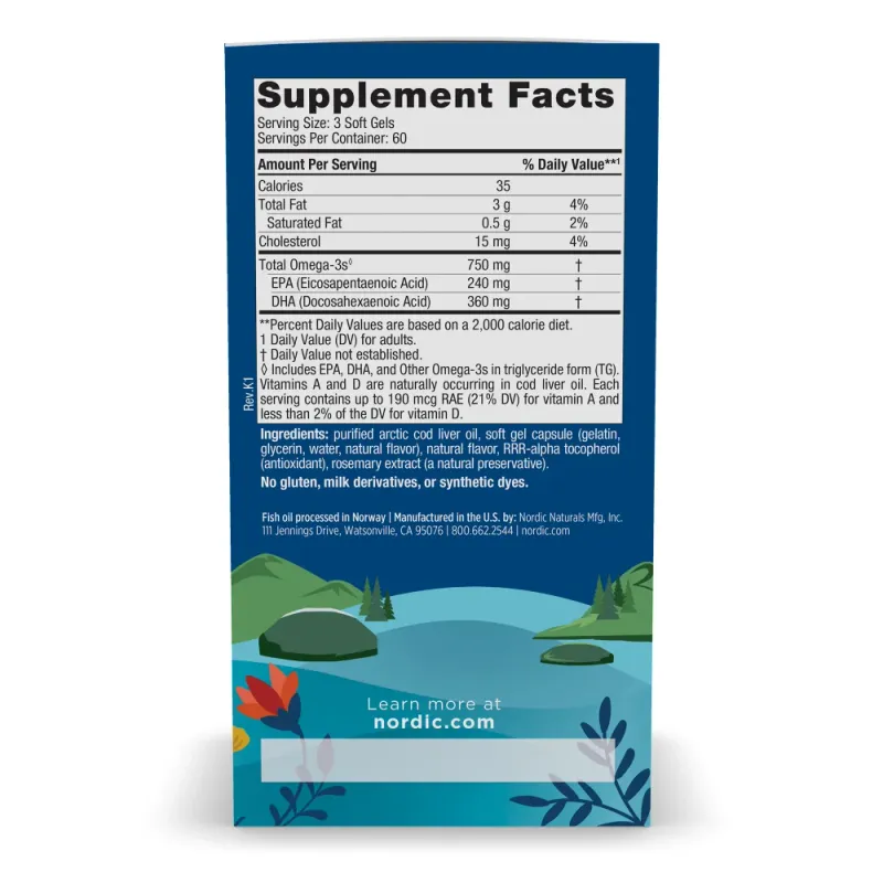 Nordic Naturals Arctic Cod Liver Oil 180 softgels lemon flavor