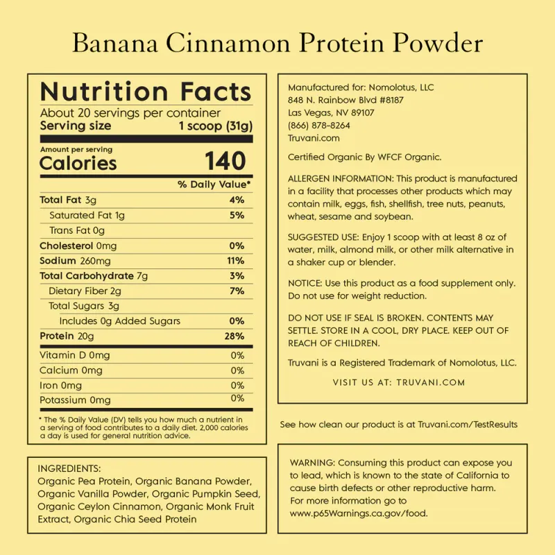 TRUVANI Org. Banana Cinnamon Plant Based Protein Pwdr. 22.19 oz.