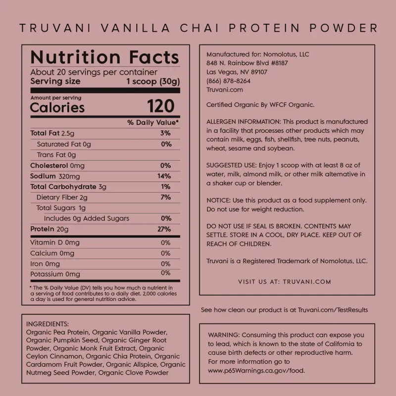 Truvani Organic Plant Based Vanilla Chai Protein Powder 1.35lbs