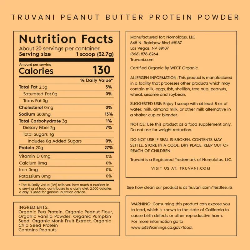 Truvani Organic Peanut Butter Plant Based Protein 23.1oz