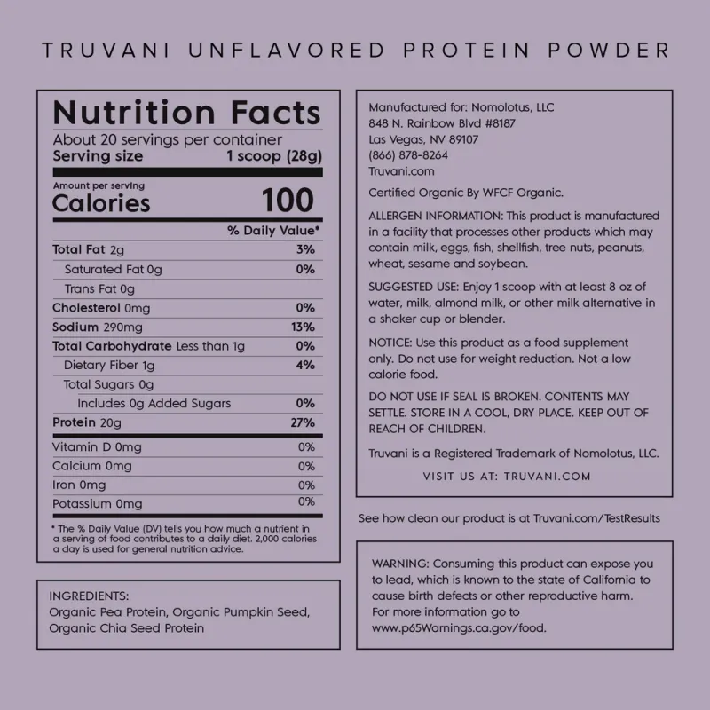 Truvani Organic Unflavored &amp; Unsweetened Plant Based Protein Powder 1.23lbs