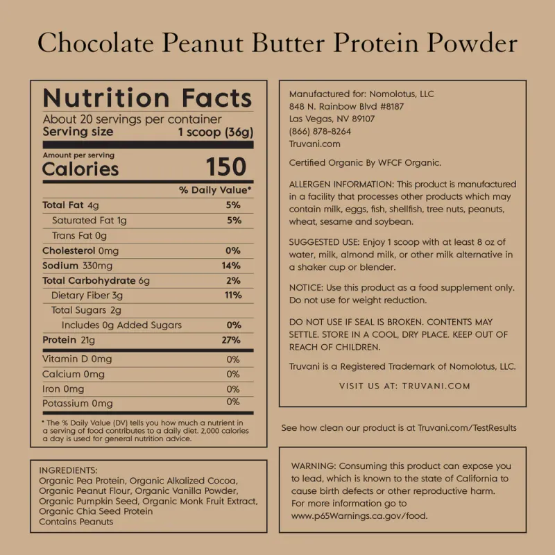 TRUVANI Chocolate Peanut Butter Plant Based Protein 25.75 oz.
