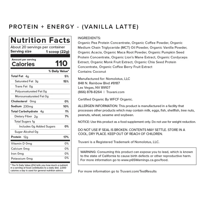 TRUVANI Protein + Energy Vanilla Latte Pwdr. 15.87 oz.