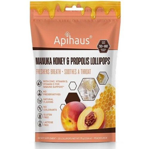 Apihaus Manuka Honey &amp; Propolis Peach Lollipops 20 count